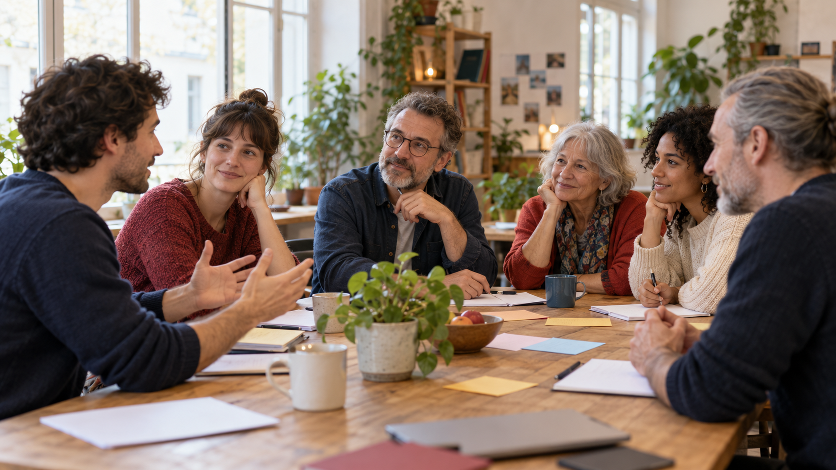 Un groupe de citoyens écoute et échange autour d’une table.