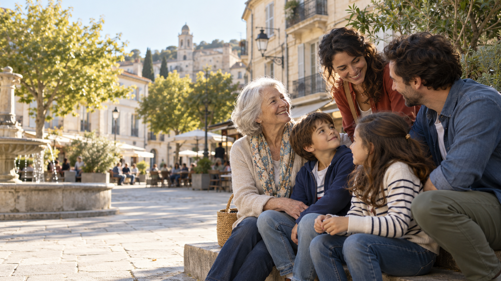 Enfants, parents et grand-mère souriants réunis sur une place.