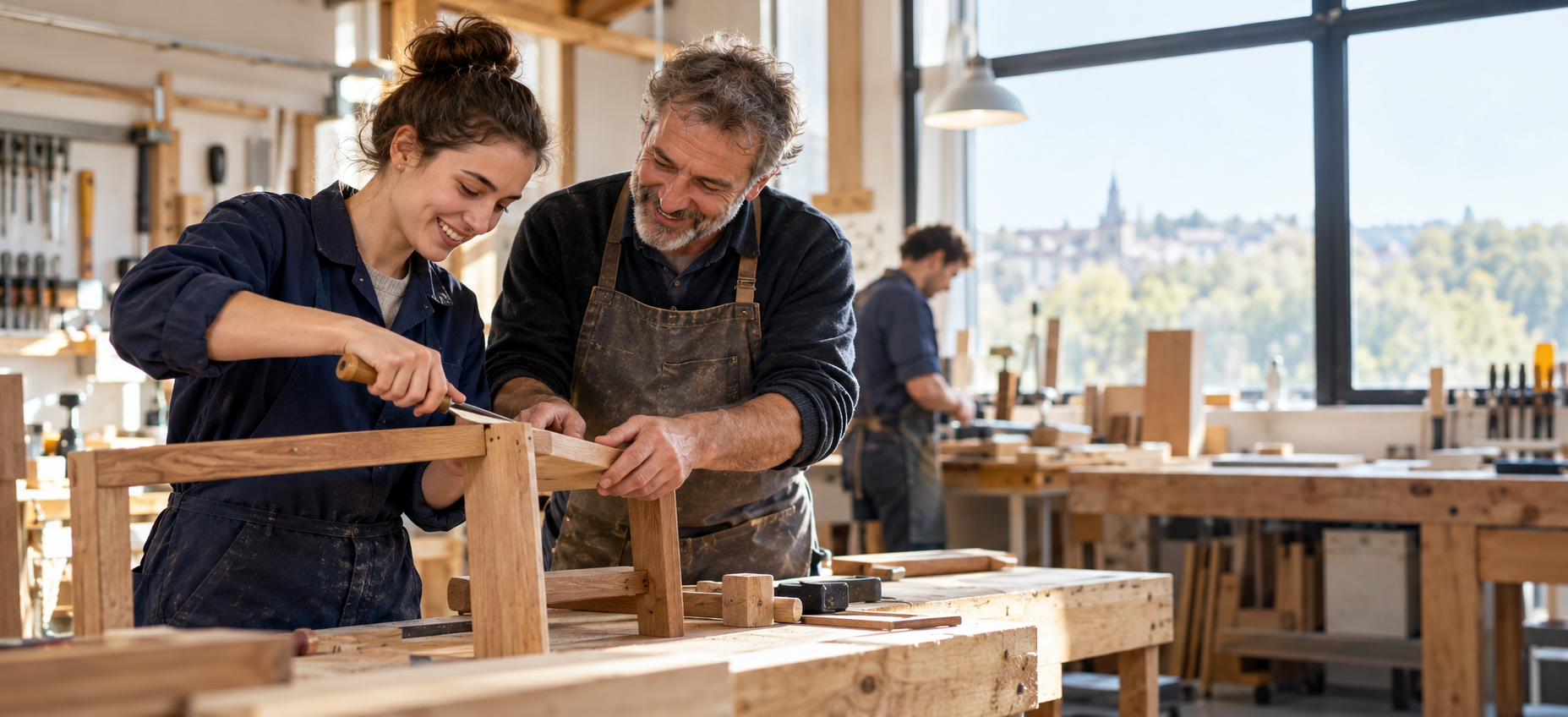 Une apprentie et un artisan expérimenté travaillent ensemble.